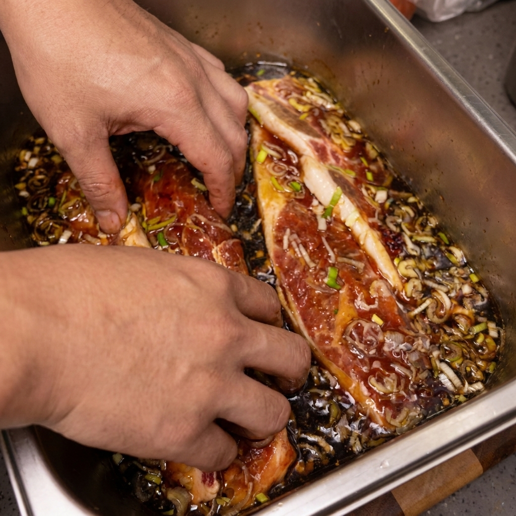 Hände vermengen rohe Rinderquerrippen mit einer dunklen Marinade auf Sojabasis und geschnittenen Frühlingszwiebeln in einer Edelstahlform.