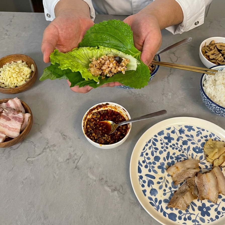 Gekochter weißer Reis wird in einen Gemüse-Wrap gegeben, der in zwei Händen gehalten wird, umgeben von kleinen Schälchen mit Knoblauch und Fleisch.