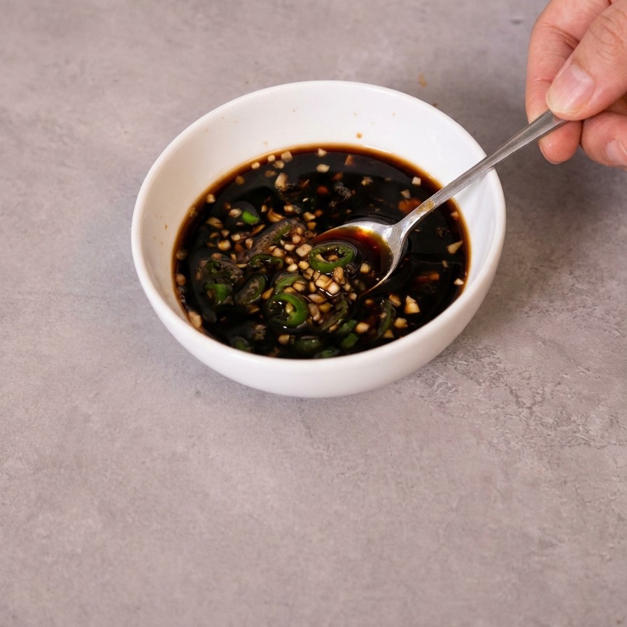 Eine kleine Schüssel mit Sojasaucen-Mischung wird mit gehacktem Knoblauch und geschnittenen grünen Chilis mit einem Löffel verrührt.