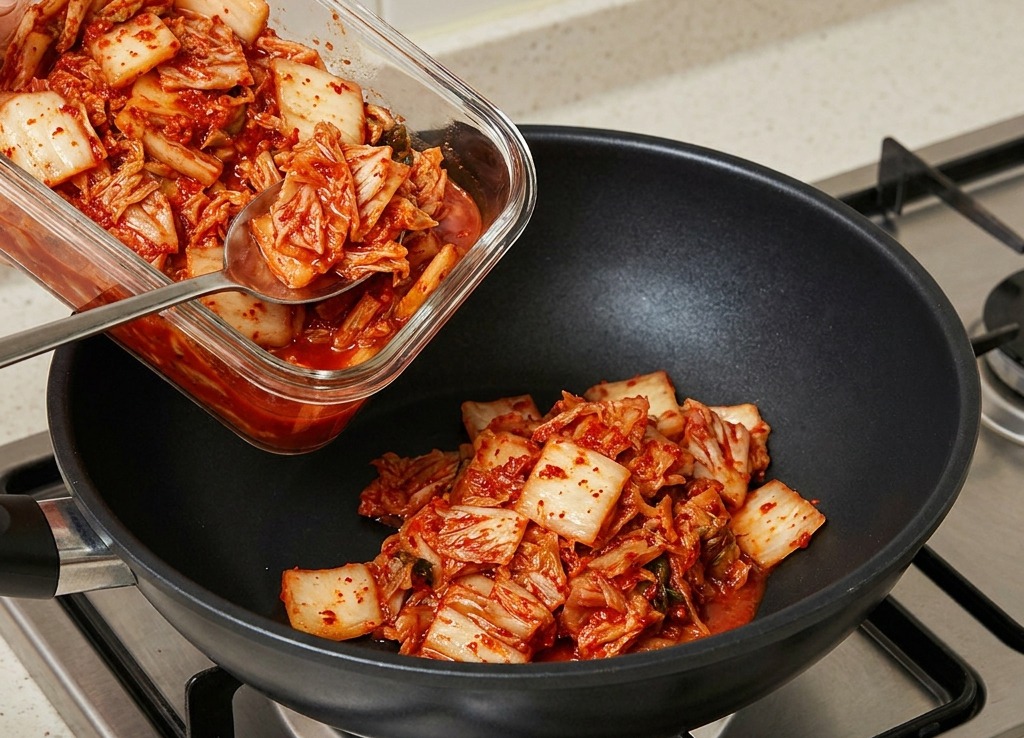 Eine Hand gibt gehacktes, fermentiertes Kimchi aus einer Glasdose in eine schwarze Pfanne auf einem Gasherd.