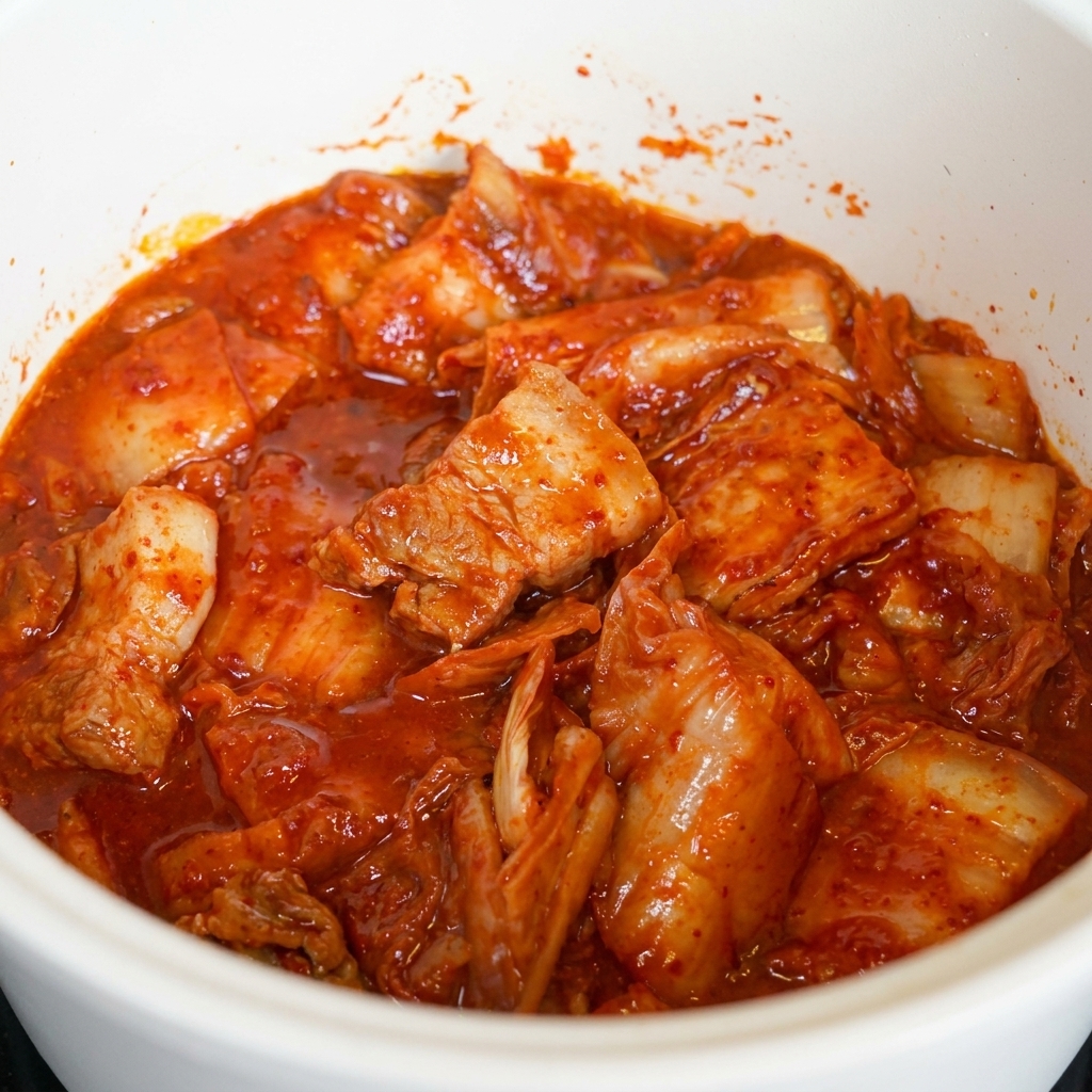 In Stücke geschnittenes Kimchi und gebratener Schweinebauch werden in einem Topf miteinander vermengt und sind vollständig mit roter Chilisauce bedeckt.