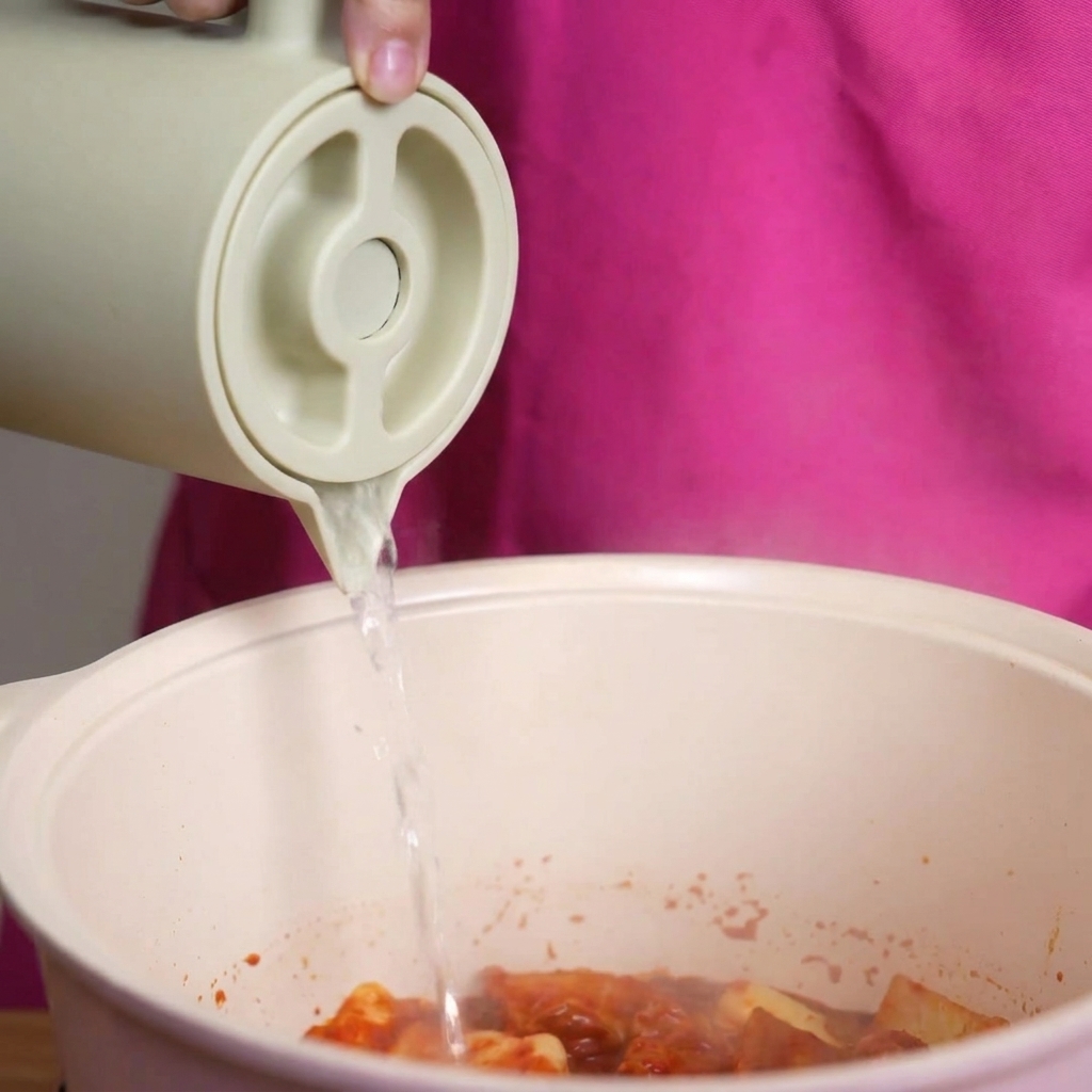 Klares Wasser wird aus einem hellgrünen Krug in einen Topf mit Kimchi und Schweinebauch gegossen, wodurch eine rote Brühe entsteht.