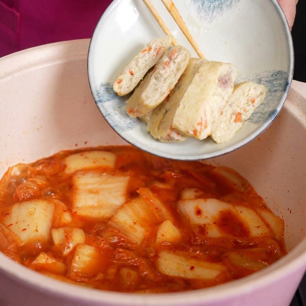 Eine kleine weiße Schüssel mit in Scheiben geschnittenem Fischkuchen und sichtbaren Karottenstücken wird in eine brodelnde rote Kimchi-Suppe entleert.