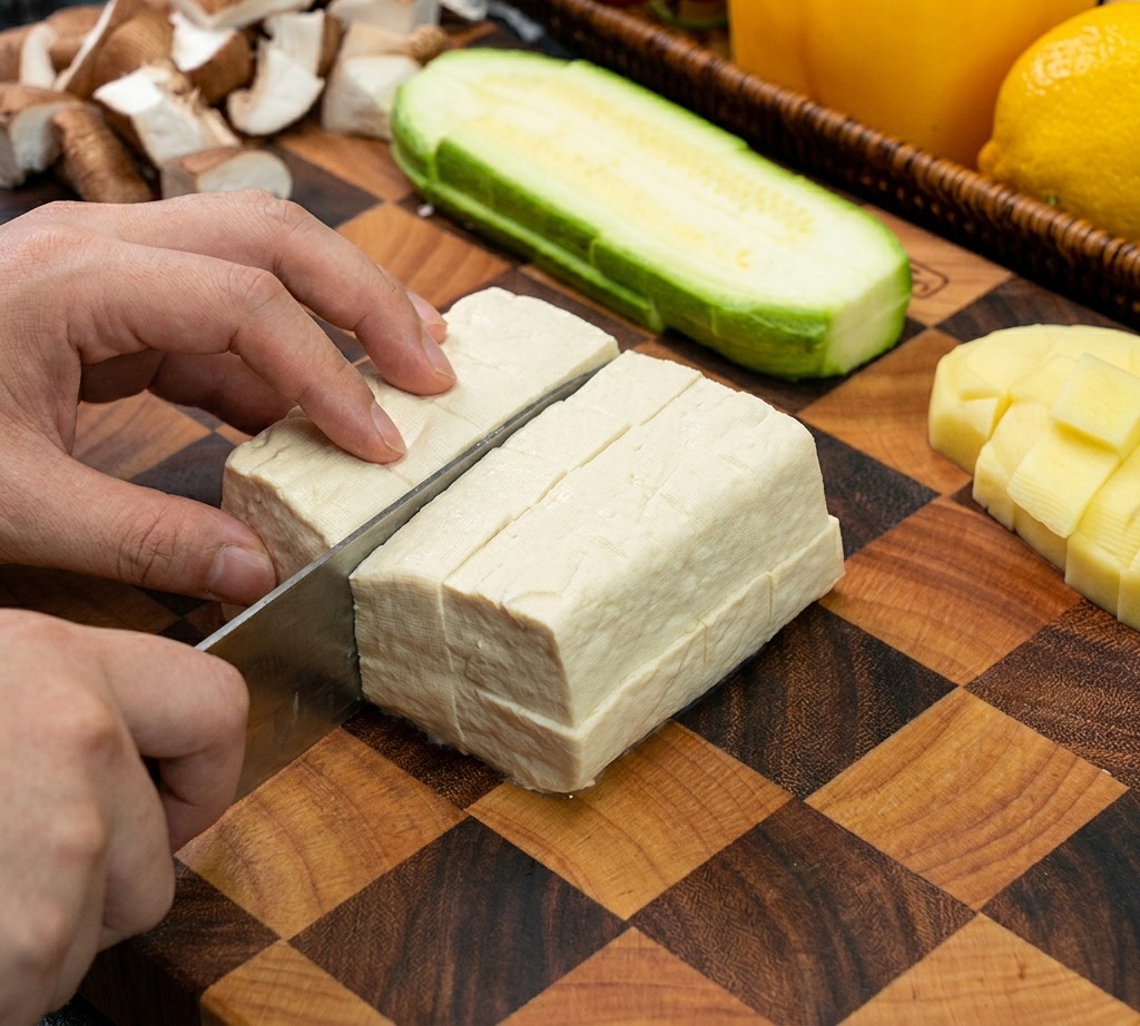 Eine Hand stabilisiert einen Block weißen Tofu, während er auf einer Arbeitsfläche in gleichmäßige Würfel geschnitten wird.