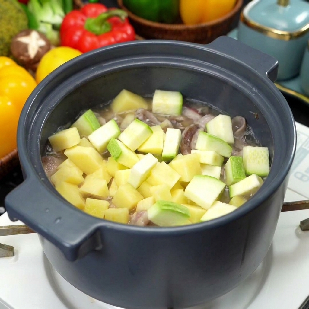 Kartoffelwürfel und grüne Zucchinistücke werden zu den angebratenen Rindfleischscheiben in den Topf gegeben.