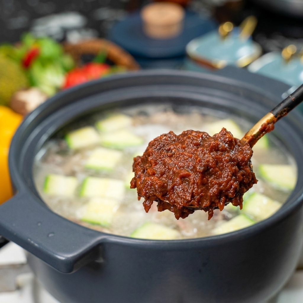 Ein Metalllöffel hält eine Portion dunkle, stückige koreanische Sojabohnenpaste über den kochenden Topf.