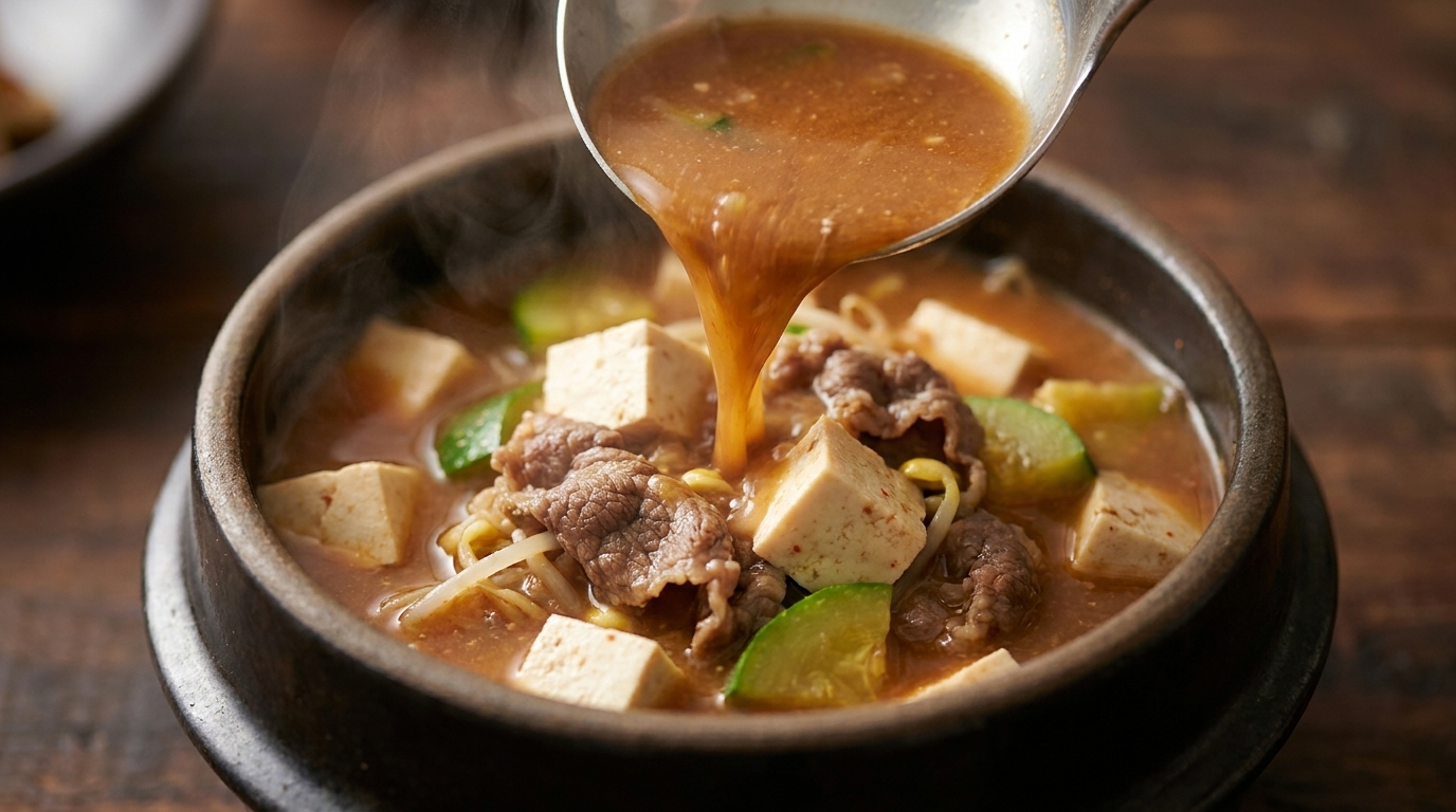 Authentisches Doenjang-jjigae: Koreanischer Eintopf mit Rindfleisch und Sojabohnenpaste