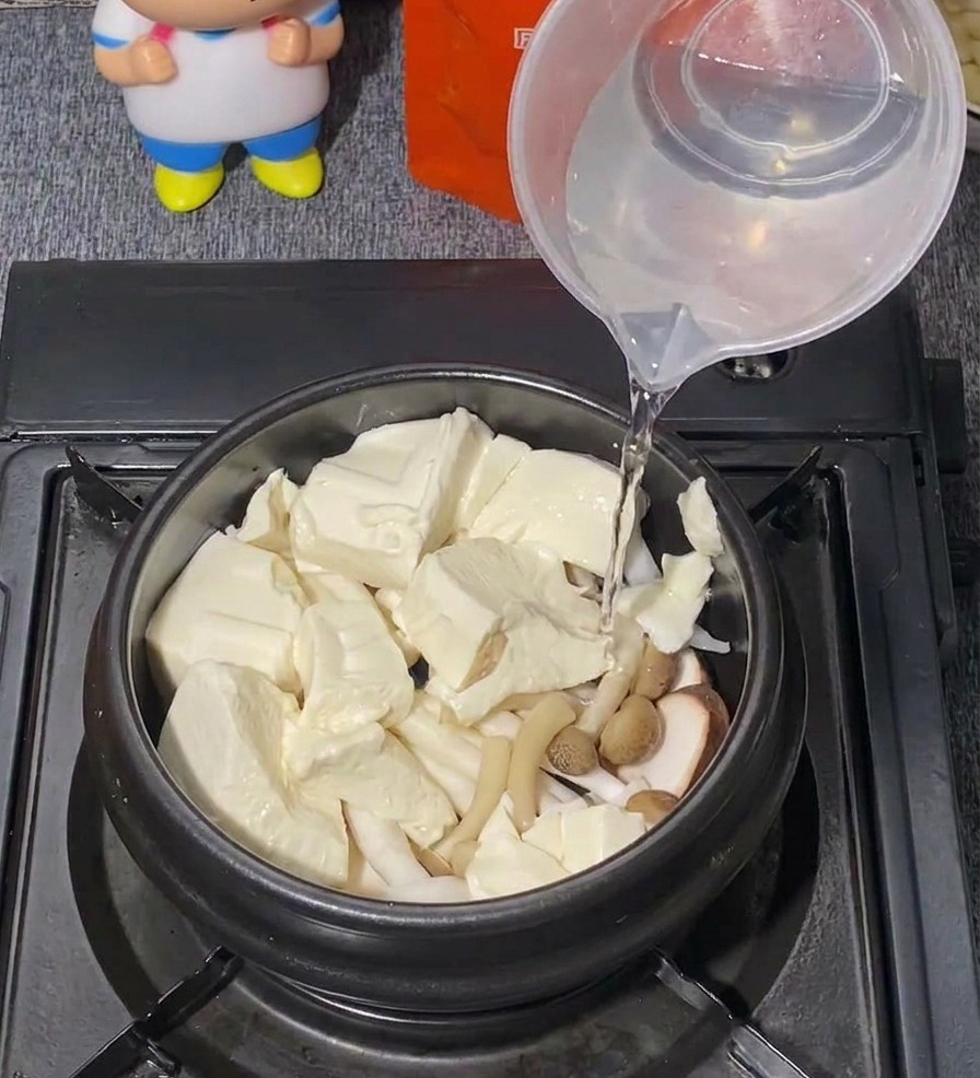 Klares Wasser wird aus einem Messbecher aus Kunststoff in einen schwarzen Topf mit Tofu und Pilzen gegossen.