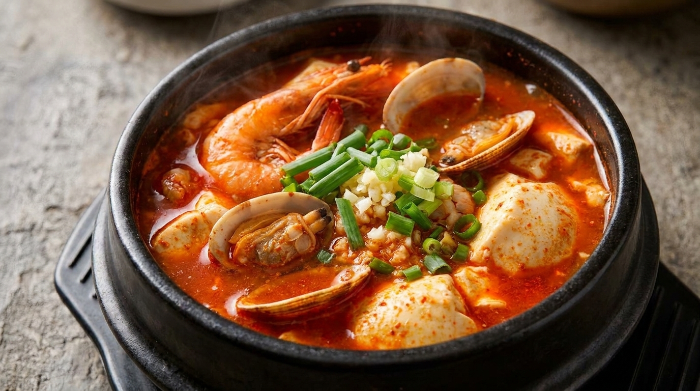 Sundubu-jjigae: Scharfer koreanischer Seidentofu-Eintopf mit Meeresfrüchten