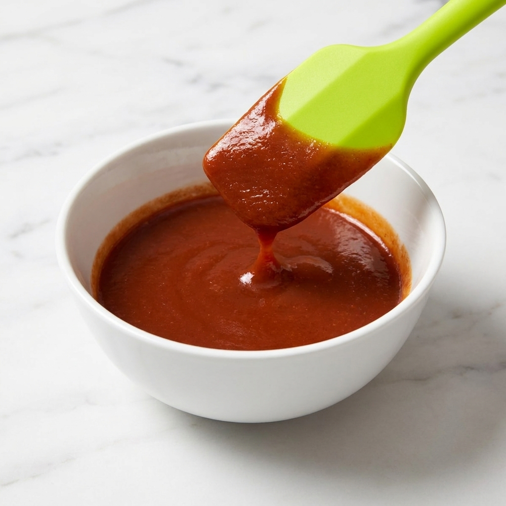 Eine weiße Schüssel mit einer glatten, leuchtend roten Würzsauce wird mit einem hellgrünen Silikonspatel verrührt.