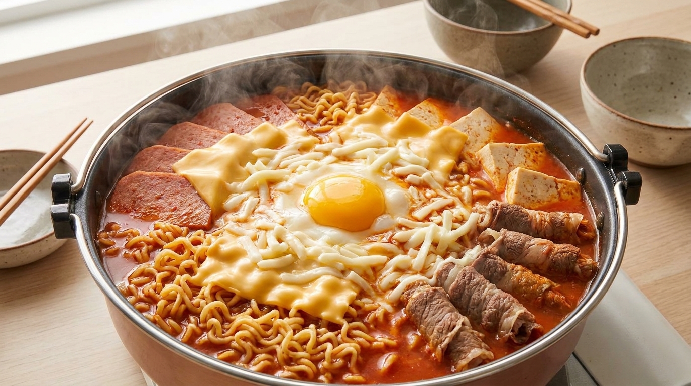 Käse-Budae-Jjigae (Koreanischer Truppeneintopf mit geschmolzenem Käse)