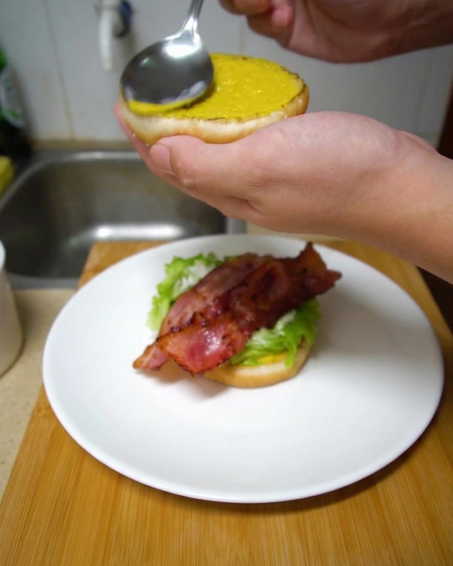 Eine Person bestreicht die Innenseite eines getoasteten Burgerbrötchens mit einem Silberlöffel mit gelbem Senf.