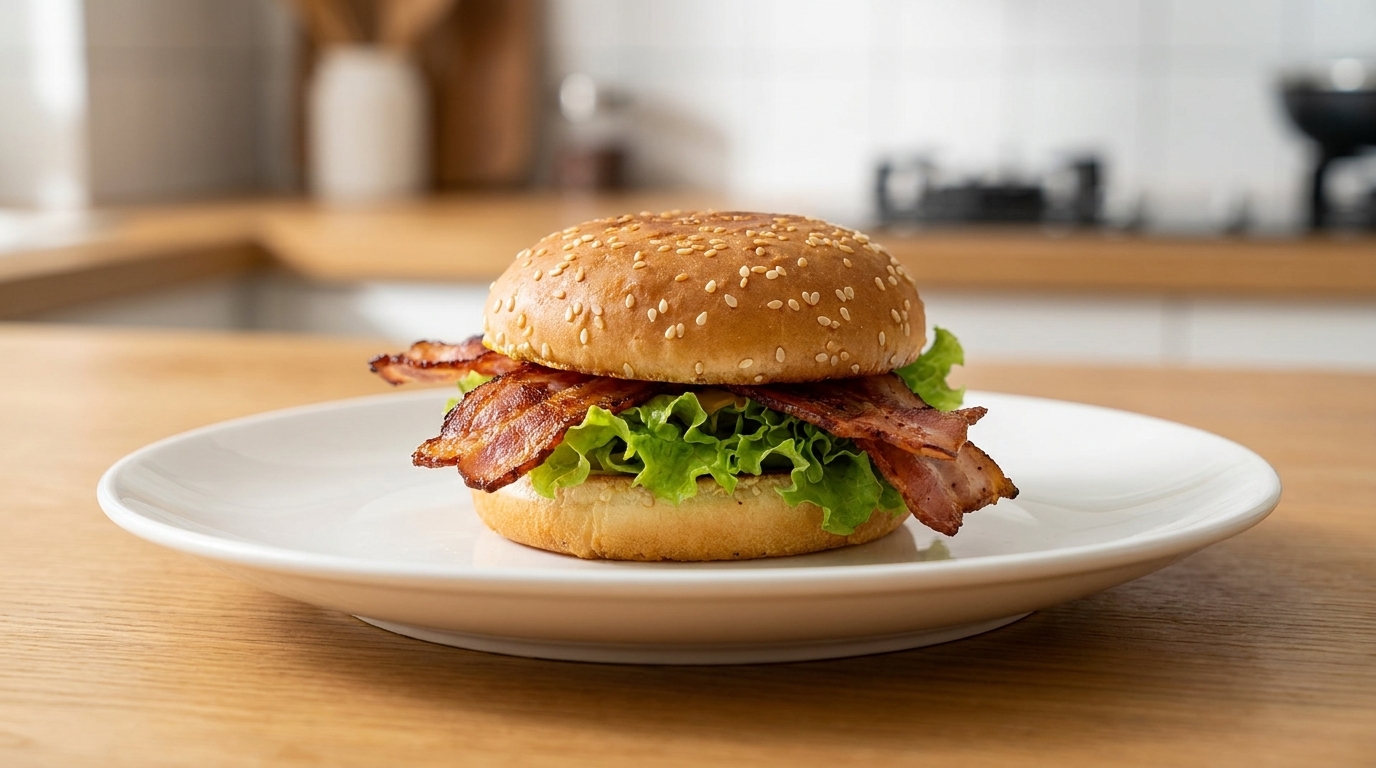 Einfacher Bacon-Lettuce-Burger mit würzigem Senf