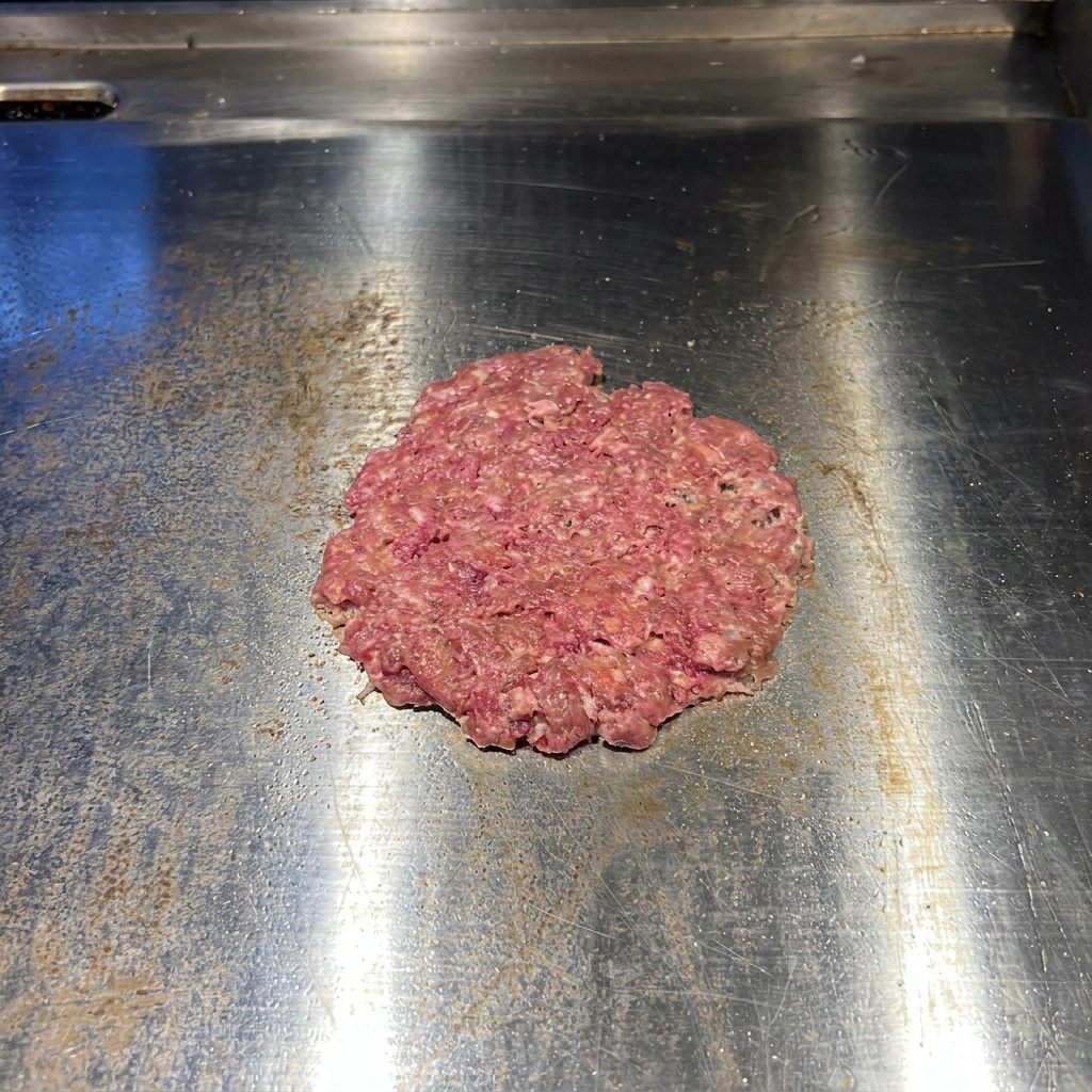 Ein flachgedrücktes, rohes Rinder-Patty auf einer Edelstahl-Grillplatte, gewürzt mit sichtbaren Meersalzkörnern und schwarzem Pfeffer.