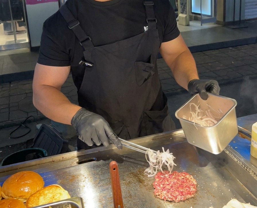 Ein Koch legt mit einer Metallzange dünn geschnittene rote Zwiebeln neben ein bratendes Rinder-Patty auf die heiße Grillplatte.