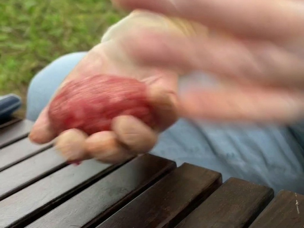 Bewegungsunscharfe Aufnahme von behandschuhten Händen, die eine Kugel aus rohem, gewürztem Rinderhackfleisch hin und her werfen.