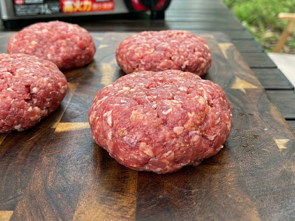 Vier dicke, runde und rohe Rindfleisch-Patties liegen auf einem dunklen Holzschneidebrett im Freien.