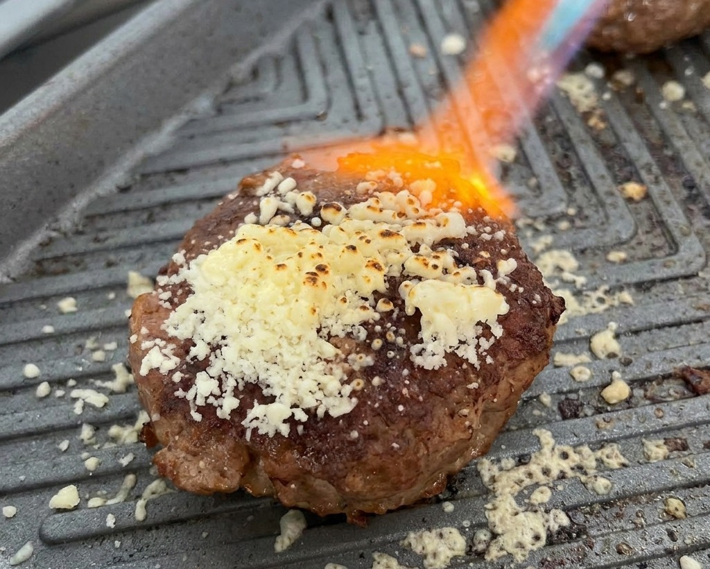 Ein Fleisch-Patty auf der heißen Grillplatte wird mit einem Handgasbrenner beflammt, um den geriebenen Käse zu schmelzen.