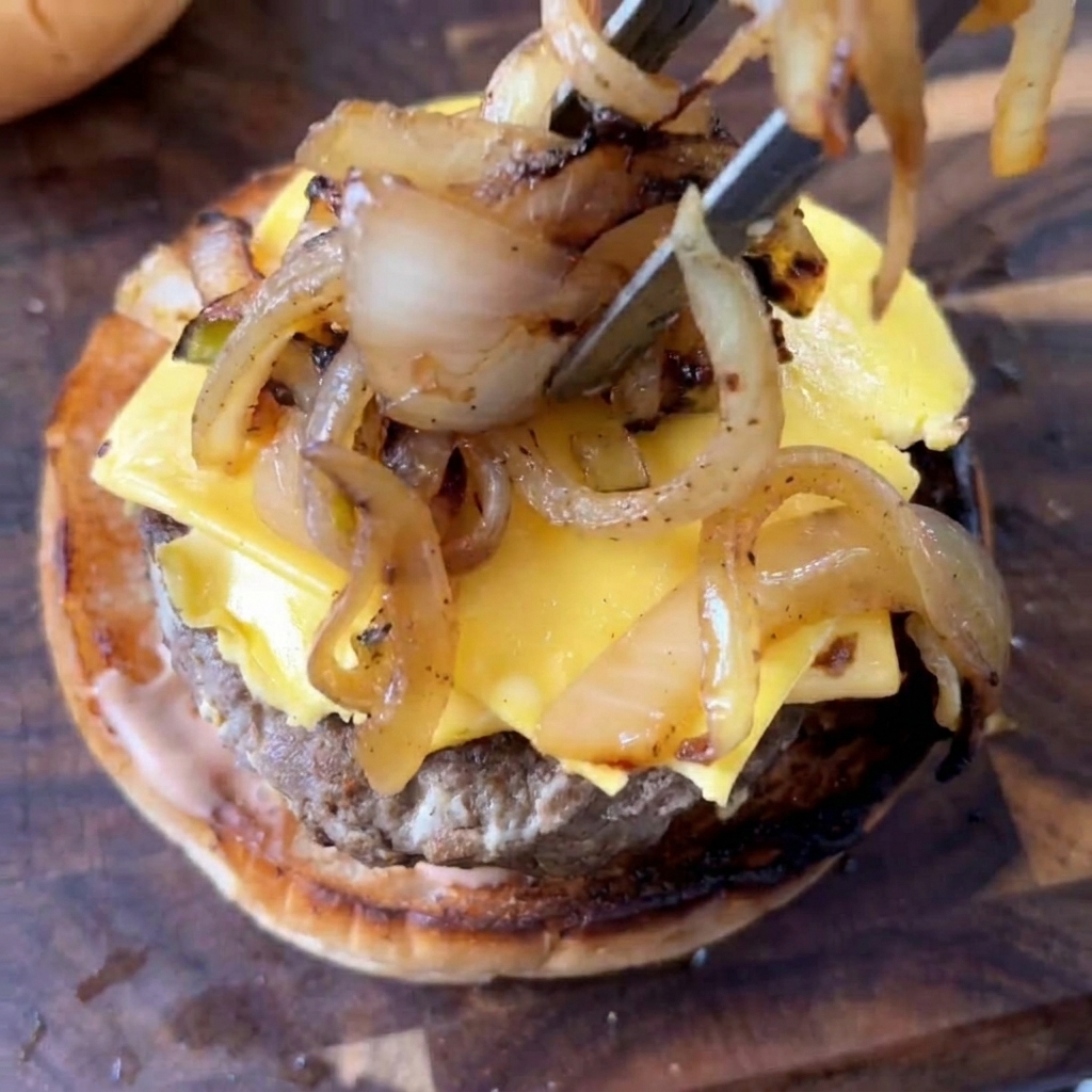 Eine Zange legt eine Portion brauner karamellisierter Zwiebeln auf das mit Käse bedeckte Patty eines Burgers.