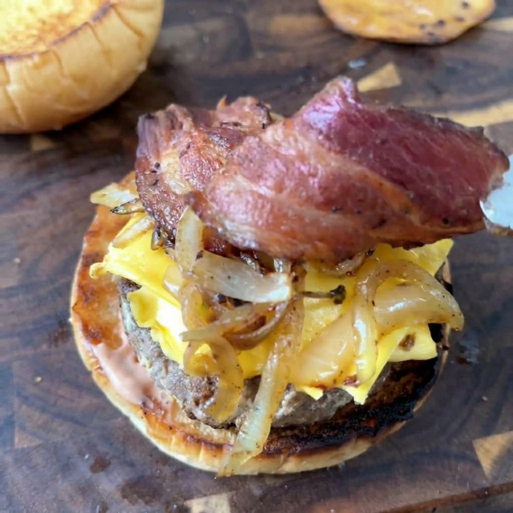 Knusprige Baconstreifen werden beim Zusammenbauen des Burgers auf die Zwiebeln gelegt.