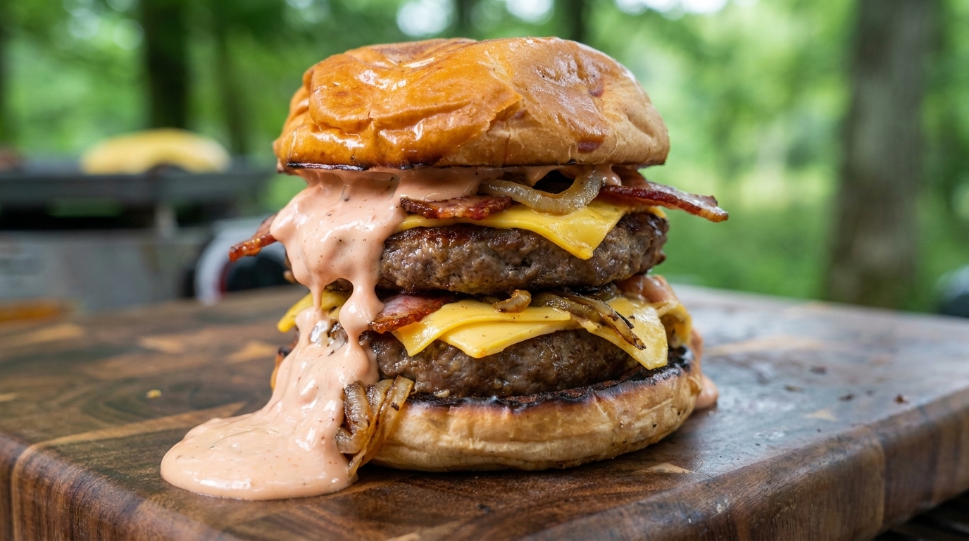 Outdoor Doppel-Cheeseburger mit cremiger Pink Sauce