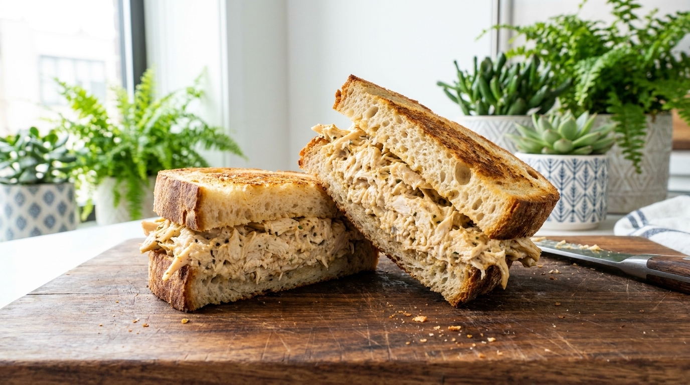 Gourmet-Sandwich mit gezupftem Hähnchen auf Sauerteigbrot