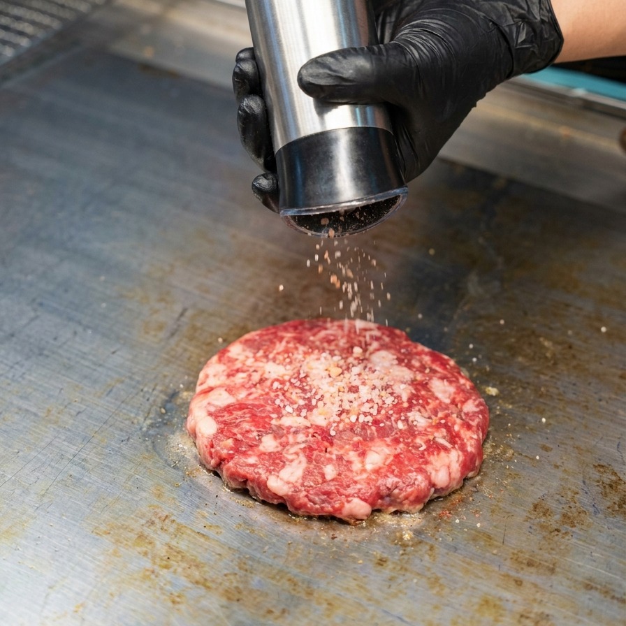 Nahaufnahme einer elektrischen Gewürzmühle, die Salz und schwarzen Pfeffer auf ein rohes, auf einer Grillplatte bratendes Rindfleisch-Patty mahlt.