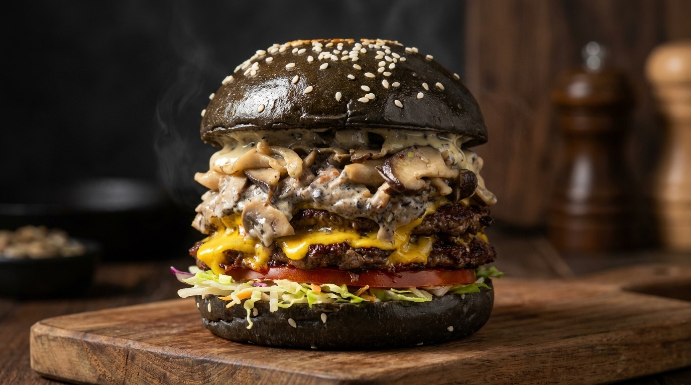 Gourmet-Beef-Burger mit schwarzer Trüffelcreme und Pilzen