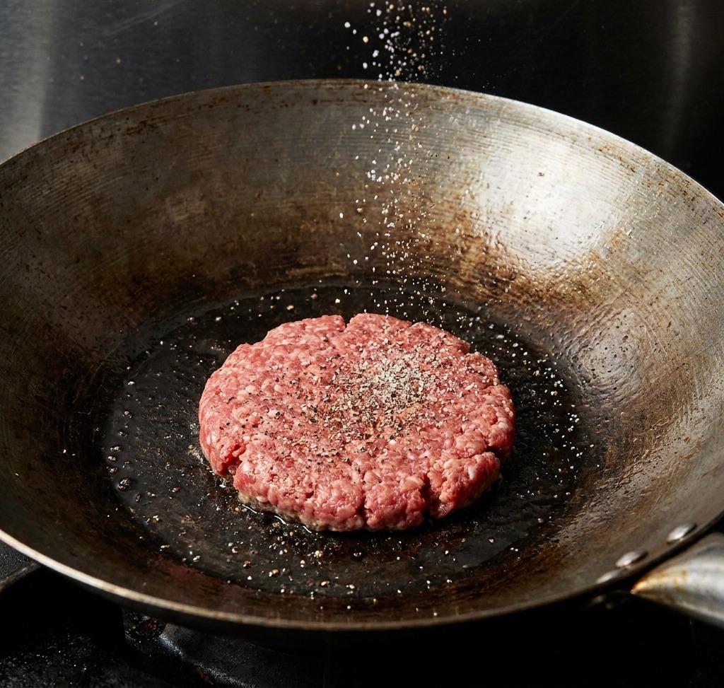 Salz und schwarzer Pfeffer werden auf ein rohes Rindfleisch-Patty gestreut, das in einer heißen Pfanne brät.