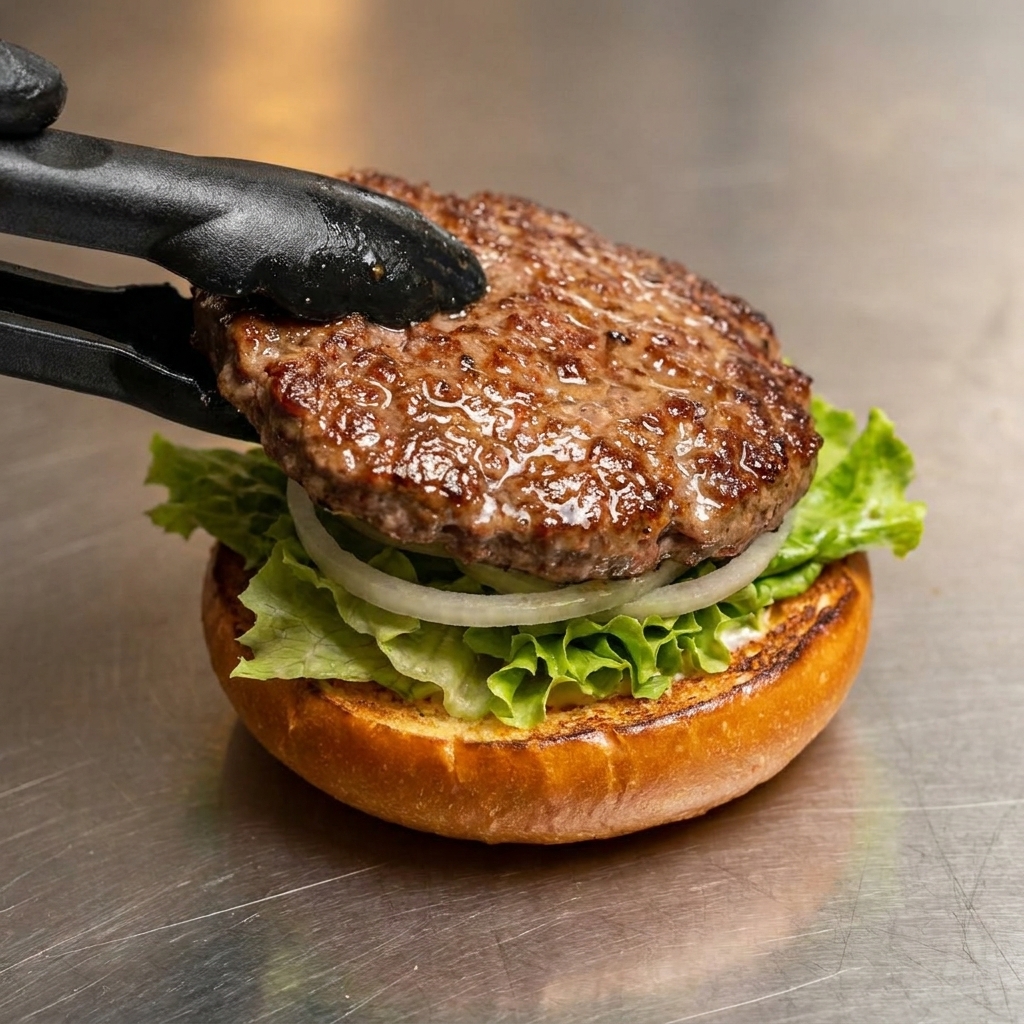 Eine Zange legt ein saftiges, gebräuntes Rindfleisch-Patty auf ein Burgerbrötchen, das mit Salat und Zwiebelscheiben belegt ist.