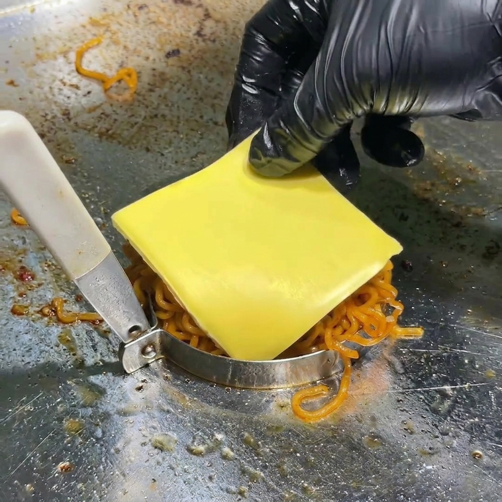 Eine Hand im Handschuh legt eine Scheibe gelben Schmelzkäse auf einen Haufen dampfender, scharfer Nudeln, die in einem Metallring auf dem Grill liegen.