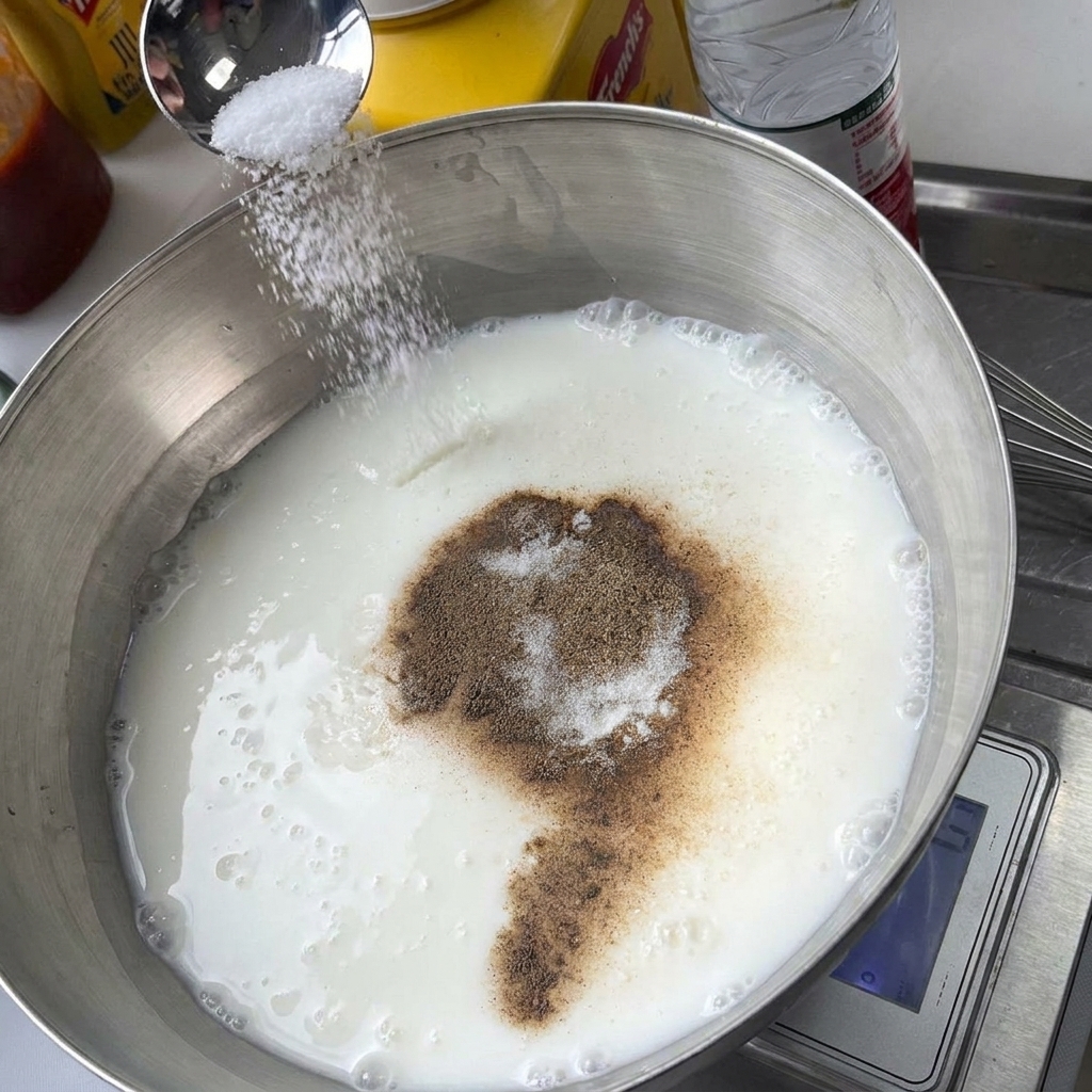 Ein Löffel Salz wird in eine Metallschüssel mit Joghurt und braunem Gewürzpulver gestreut.