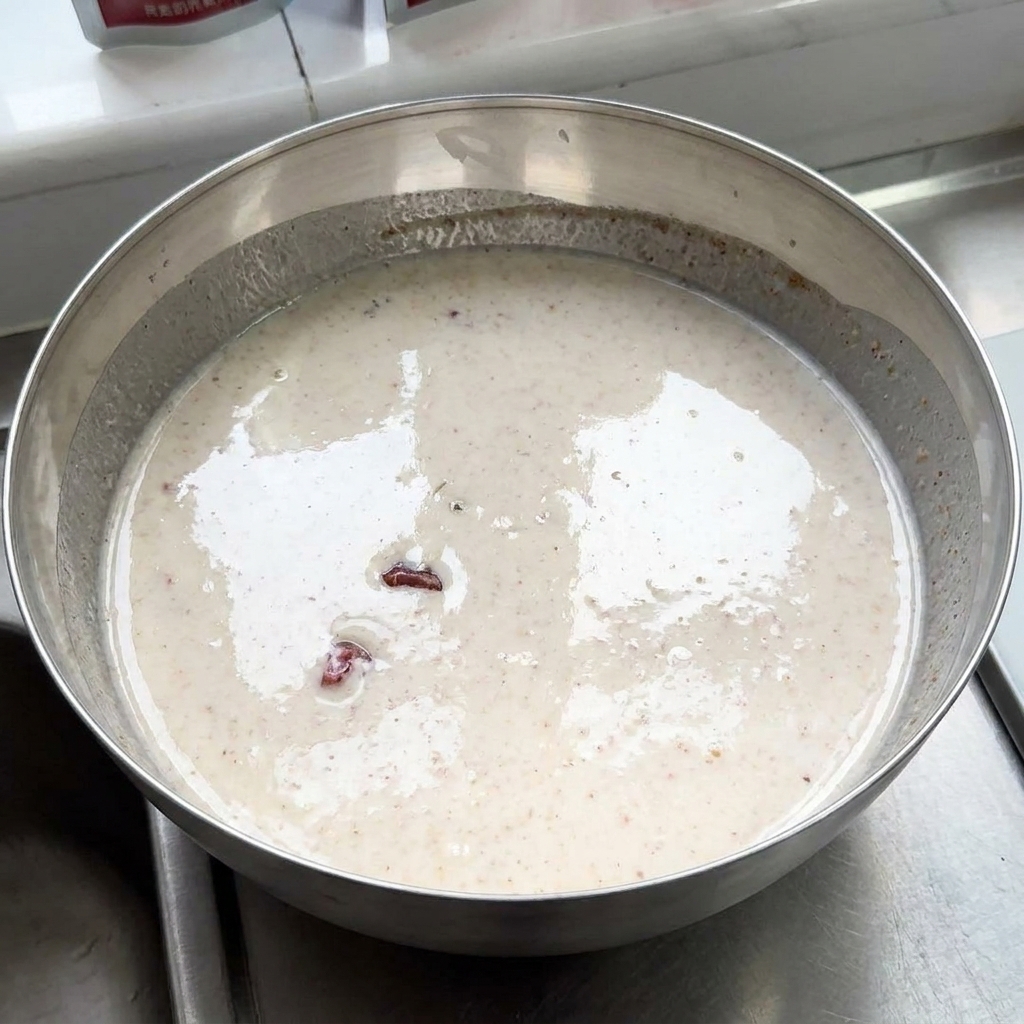 Rohe Hähnchenstücke liegen in einer großen Metallschüssel, gefüllt mit einer cremigen, gewürzten Joghurtmarinade.