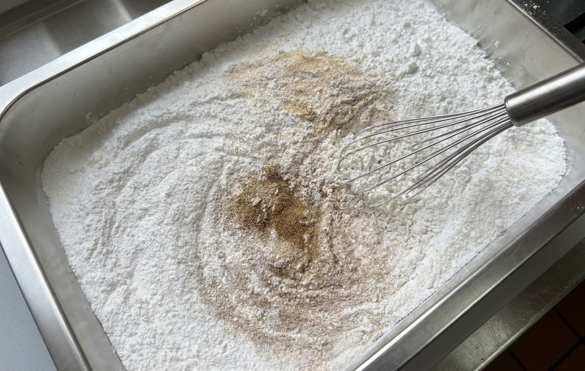 Ein Schneebesen mischt Gewürze wie Knoblauchpulver und Pfeffer in eine Schale mit weißer Maisstärke und Klebreismehl.