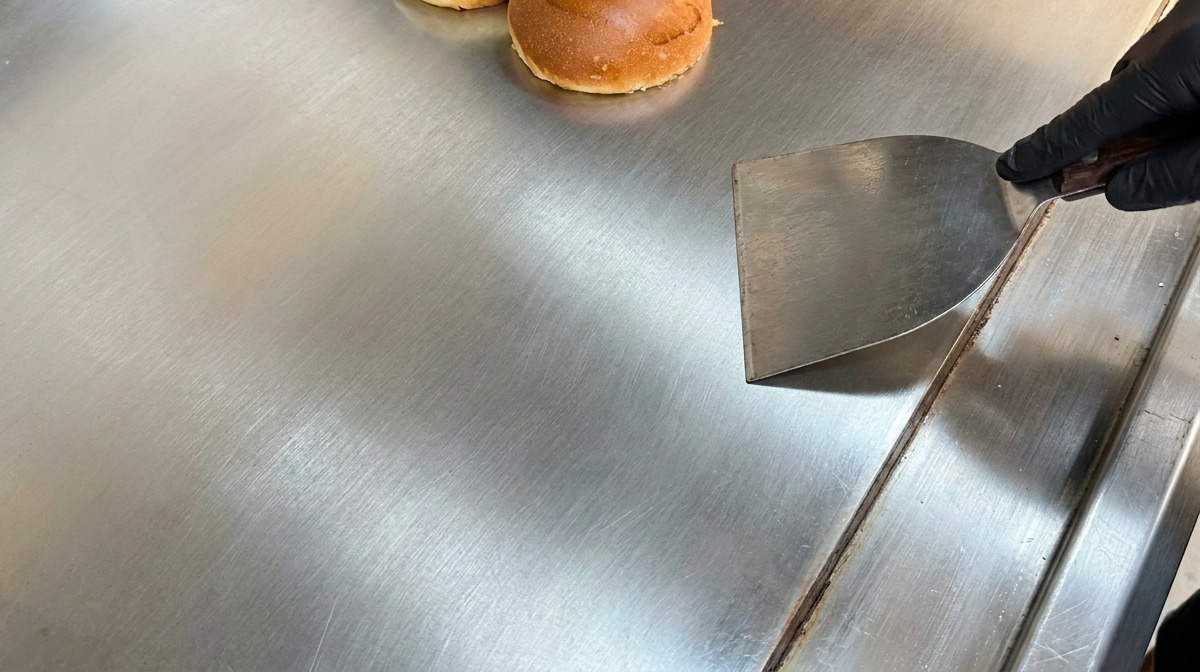 Halbierte Brioche-Burgerbrötchen rösten auf einer großen Edelstahl-Grillplatte neben einem Pfannenwender aus Metall.