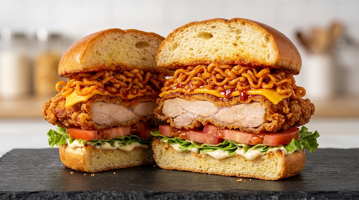 Spicy Buldak Chicken Burger mit Nudeln