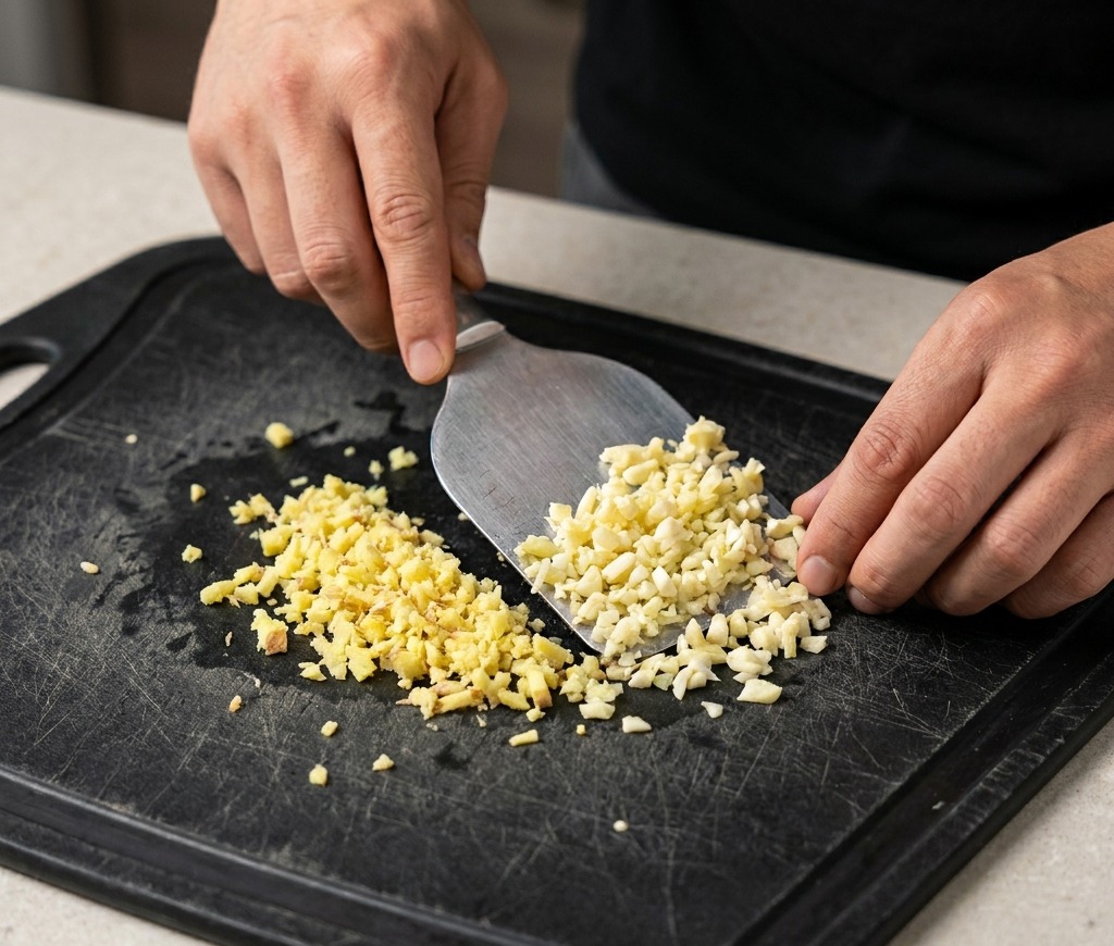 Nahaufnahme von fein gehacktem Knoblauch, der mit einer Teigkarte auf einem schwarzen Schneidebrett zusammengeschoben wird.