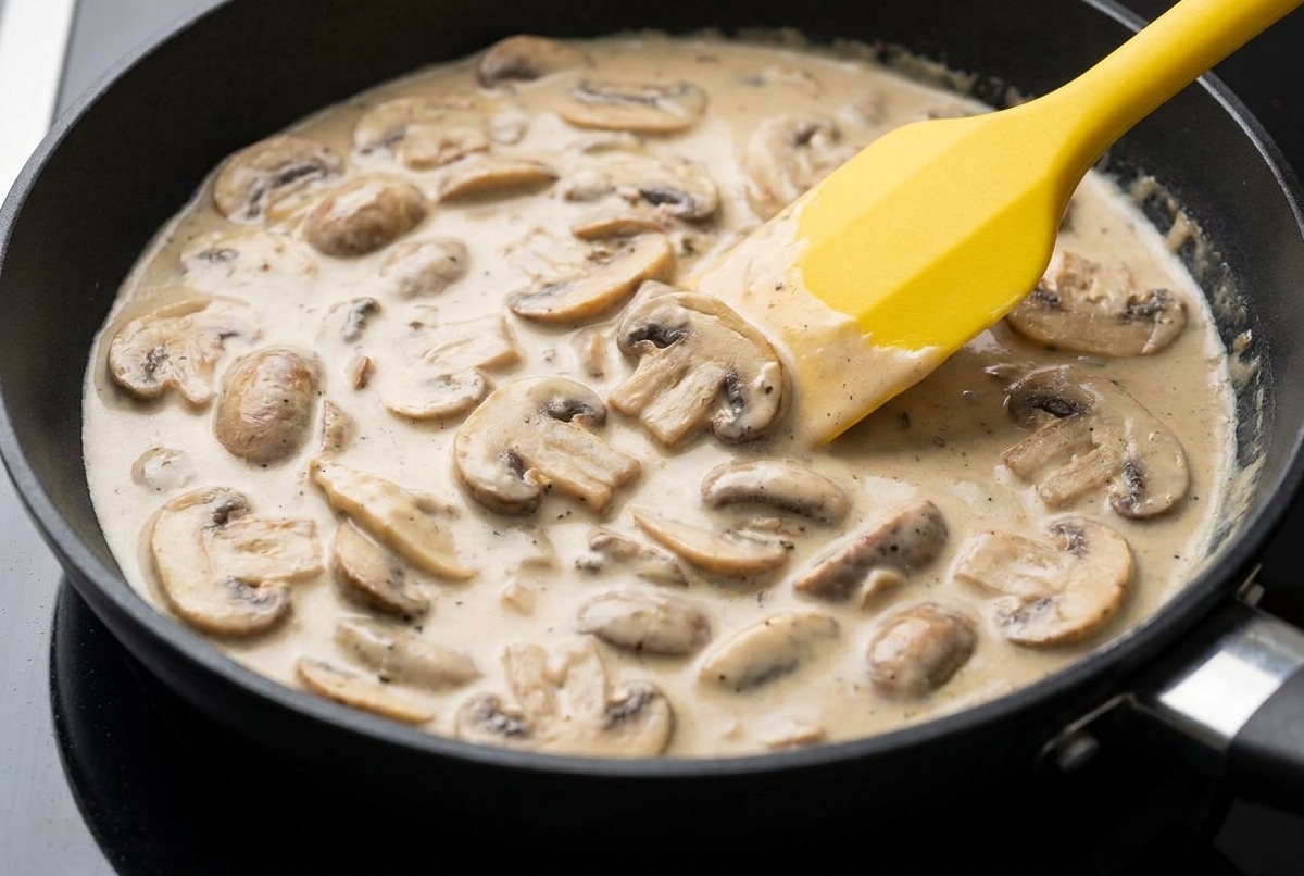 Ein gelber Pfannenwender rührt in einer cremigen Pilzsauce, die in einer schwarzen Bratpfanne blubbert und köchelt.
