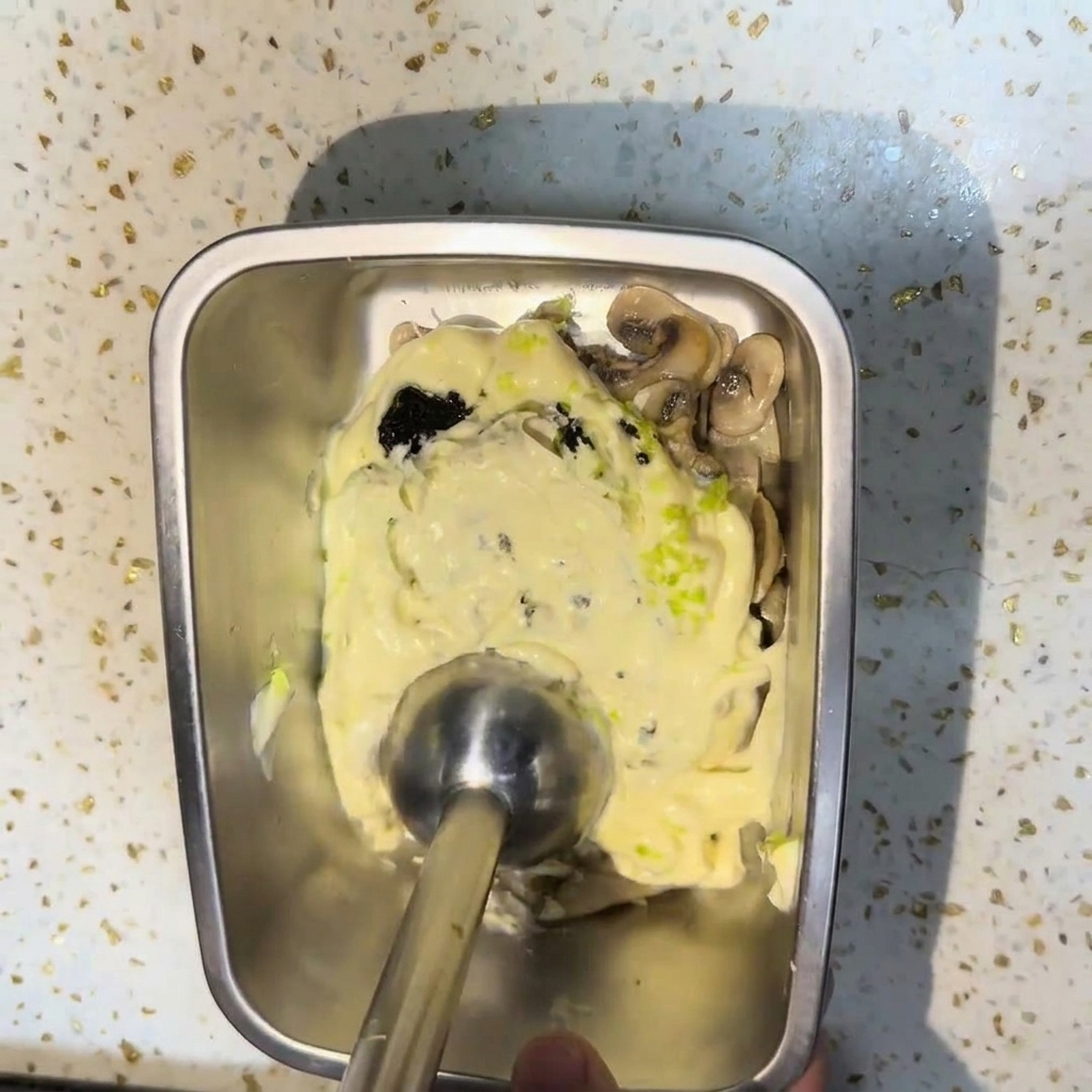 Ein Pürierstab mixt gebratene Pilze, Sahne und schwarze Trüffelpaste in einem Metallbehälter zu einer glatten, dicken Sauce.