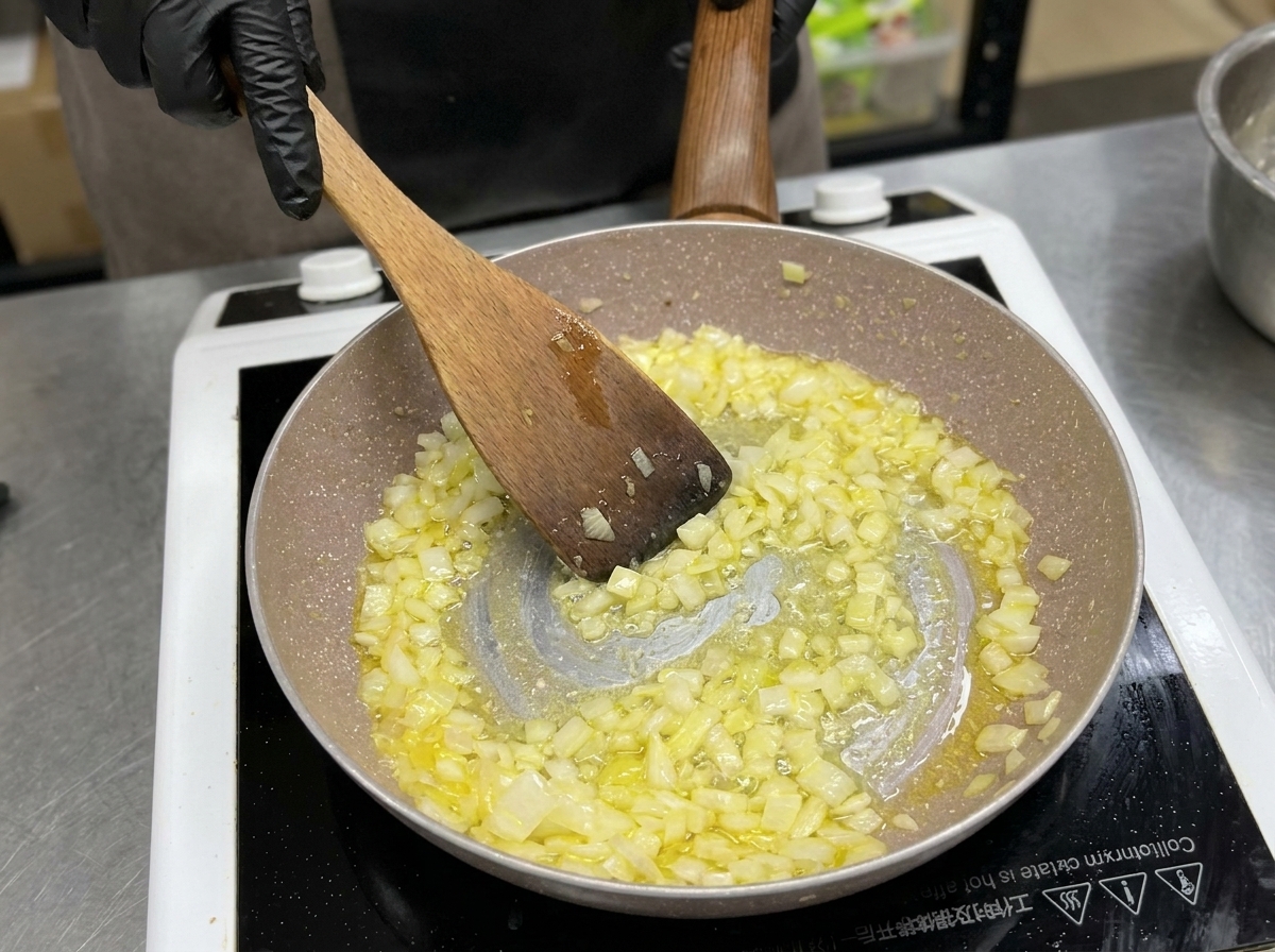 Ein Pfannenwender aus Holz rührt gewürfelte Zwiebeln und Knoblauch in einer Pfanne, bis sie weich und glasig sind.