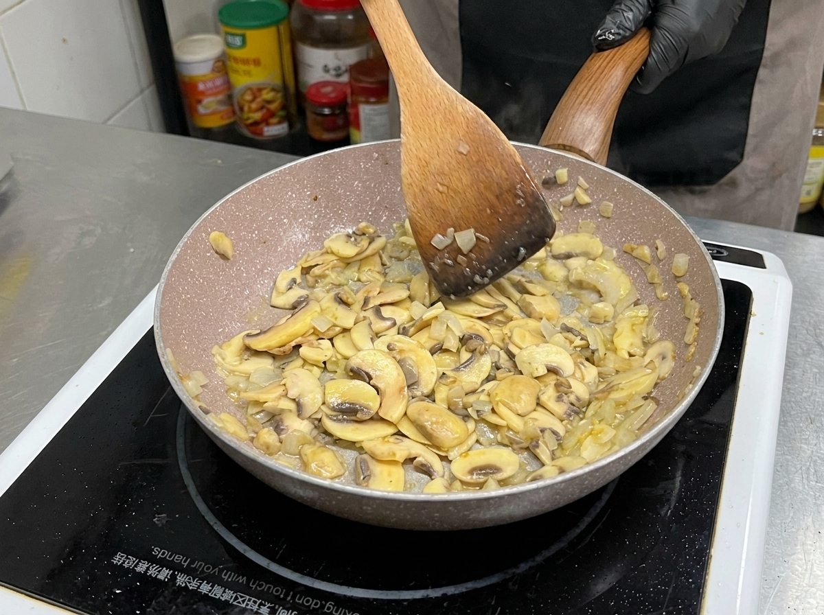 Geschnittene Pilze und Zwiebeln werden in einer Pfanne umgerührt. Sie haben deutlich an Volumen verloren und sind gebräunt.
