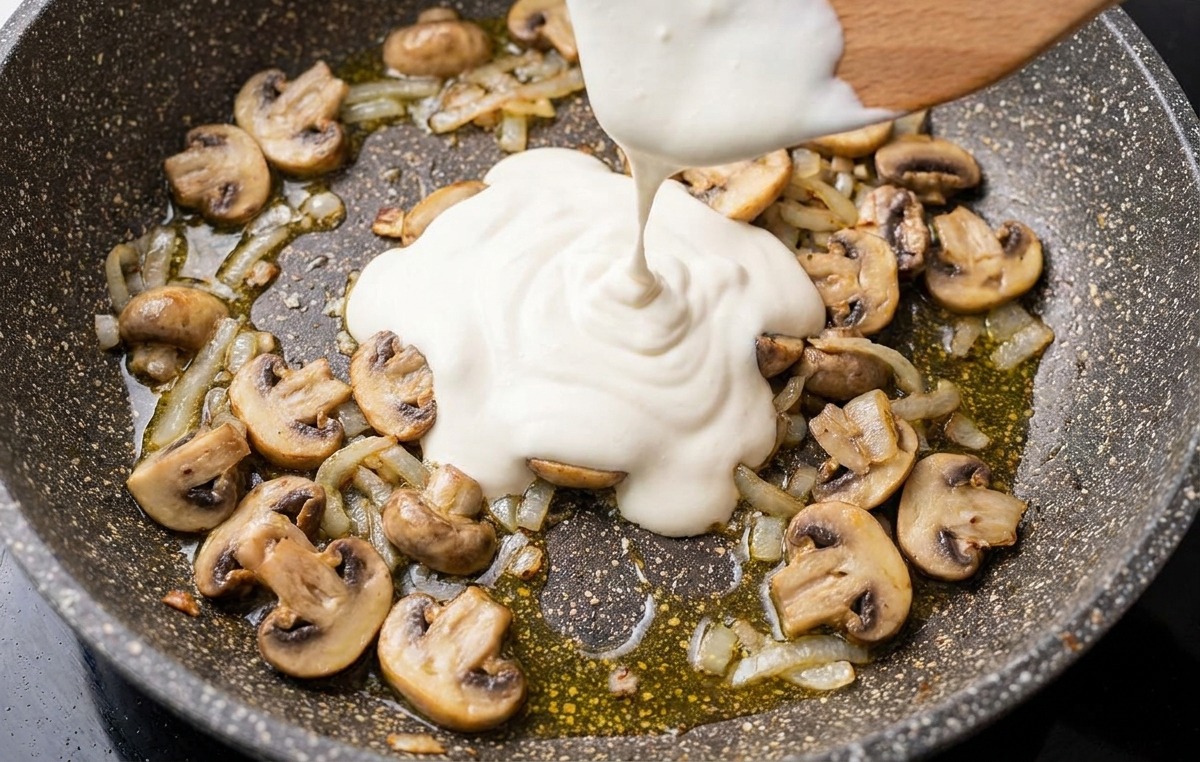 Dickflüssige Sahne wird in eine Pfanne mit gebräunten Pilzen und Zwiebeln gegossen.