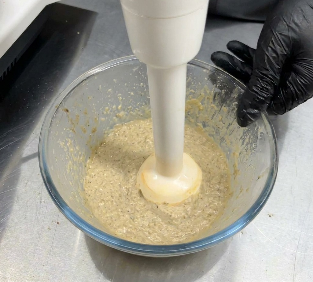 Ein weißer Stabmixer wird in einer durchsichtigen Glasschüssel verwendet, um die Pilz-Sahne-Mischung zu einer feinen Soße zu pürieren.