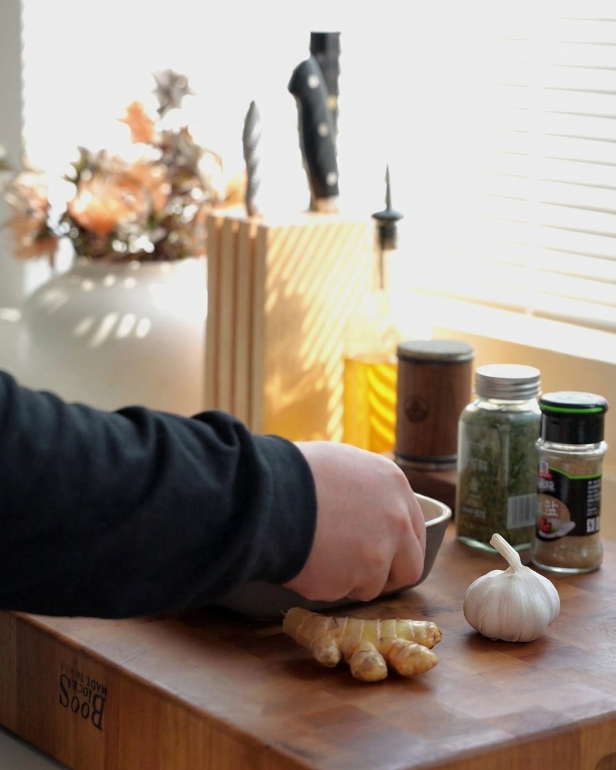 Eine Hand greift nach einer hellen Keramikschüssel mit rohen, gleichmäßig geschnittenen Schweinerippchen auf einem Holzschneidebrett.