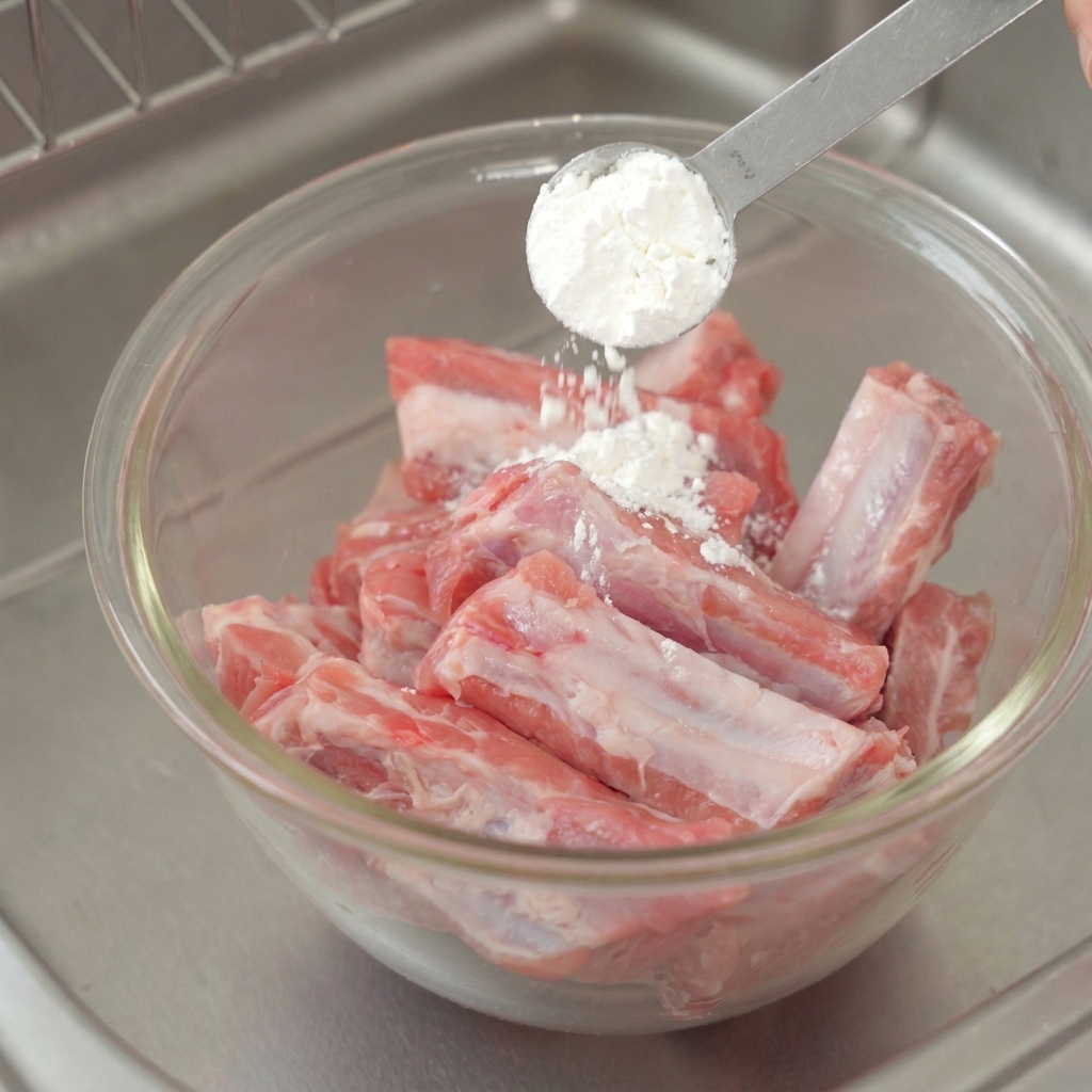 Ein Messlöffel aus Metall gießt weiße Speisestärke über eine Glasschüssel mit rohen, rosa Schweinerippchen.