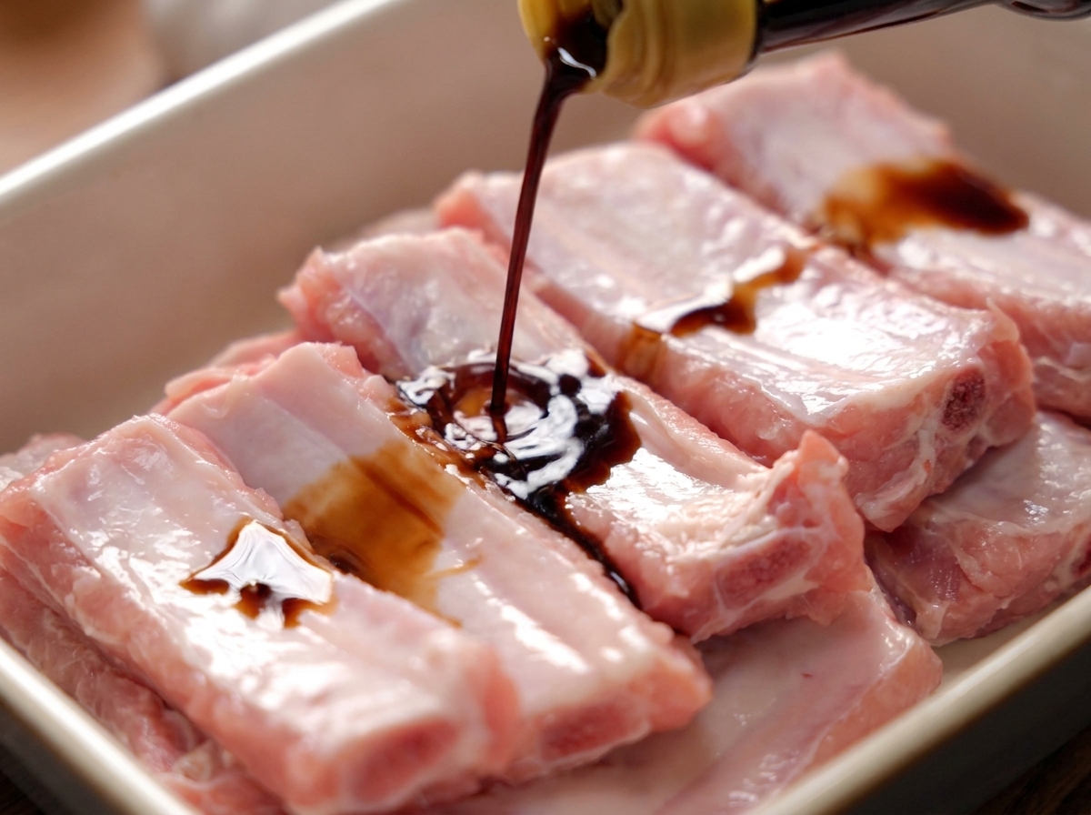 Ein dünner Strahl dunkler Sojasauce wird über saubere, helle Schweinerippchen in einer weißen Form gegossen.