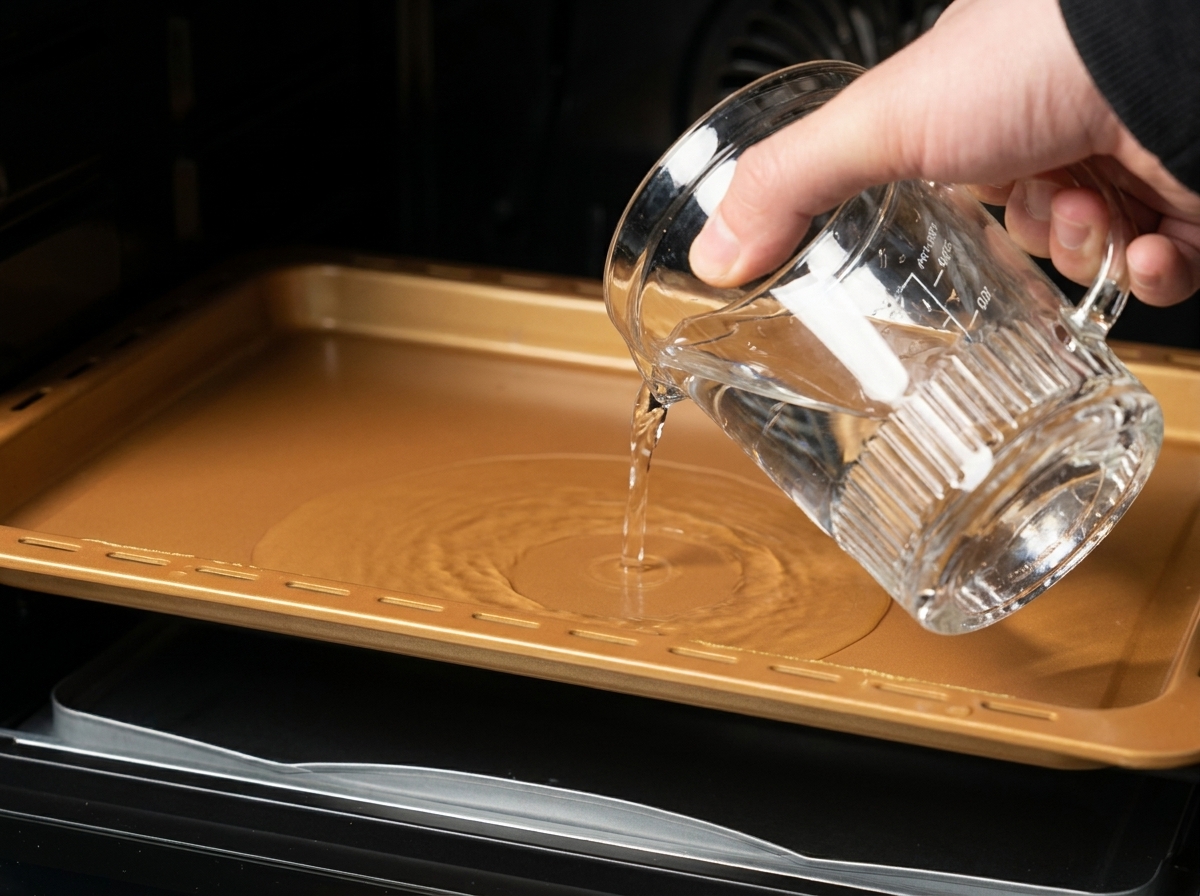 Eine Hand gießt Wasser aus einem Messbecher aus Glas in ein flaches, goldenes Blech, das im Ofen platziert ist.