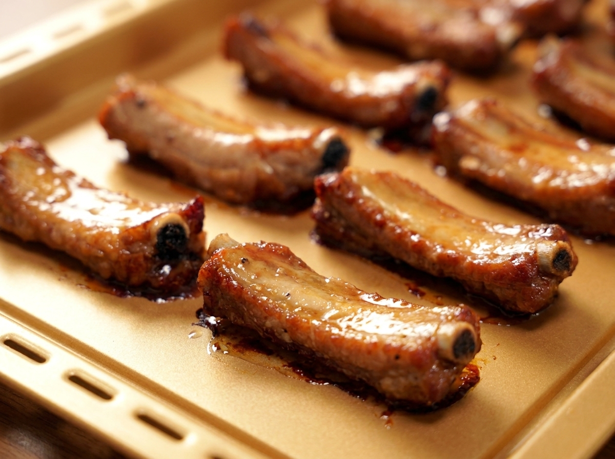 Ein Blech mit teilweise gegarten, goldbraunen Schweinerippchen, die nach dem Wenden ordentlich nebeneinander aufgereiht sind.