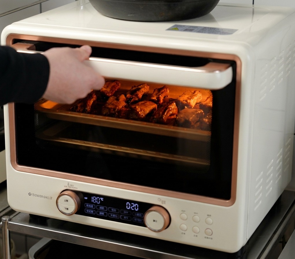 Blick durch eine Ofentür, die Schweinerippchen zeigt, die auf einem Blech backen, bis sie gebräunt sind und Blasen werfen.