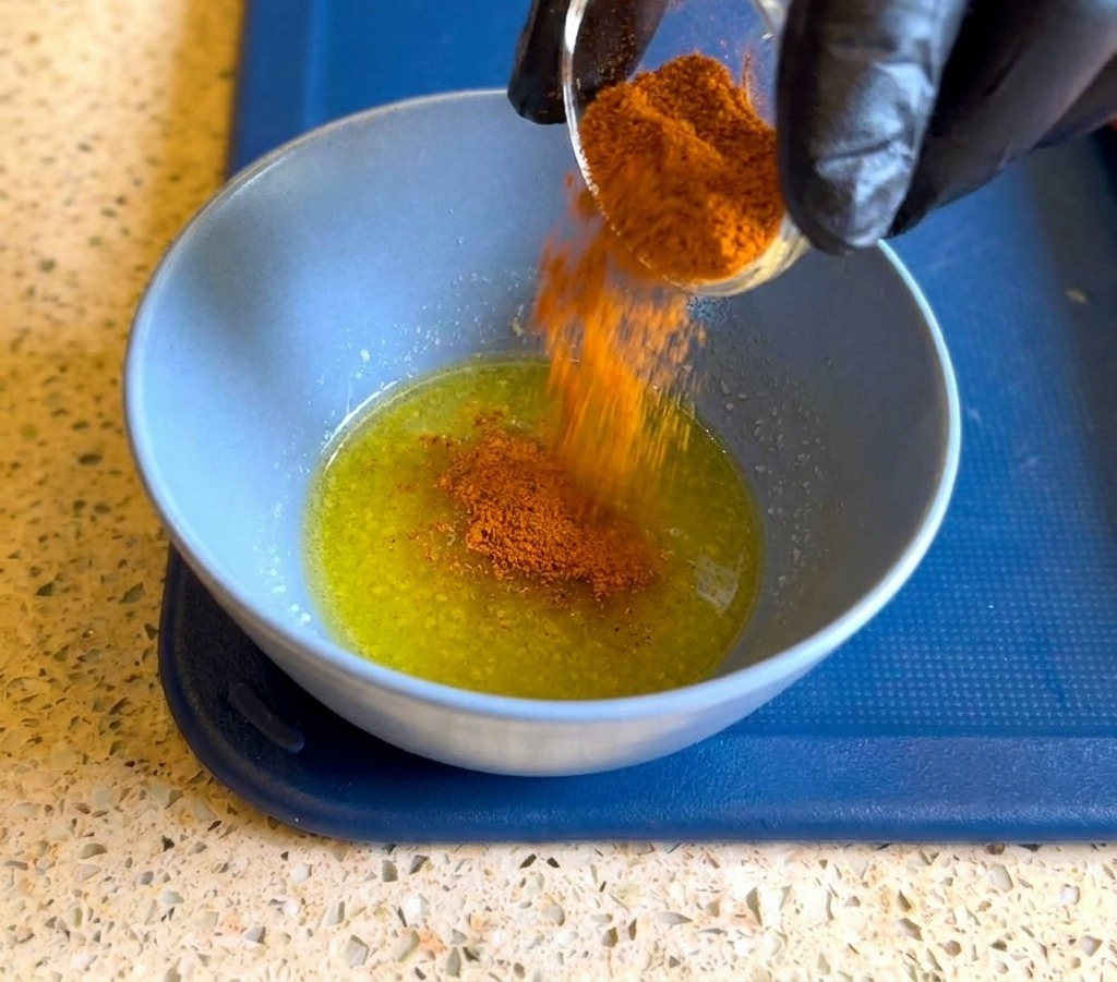 Eine Person mit schwarzem Handschuh gießt rötliche Gewürze in eine blaue Schüssel mit geschmolzener Butter.